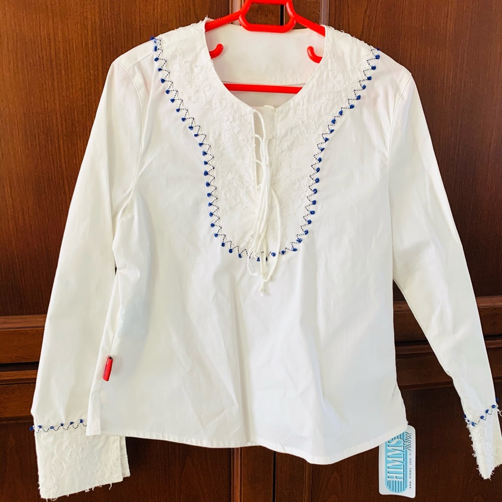 White cotton blouse top long sleeves navy blue trim girls Age 8 or 128 cm tall